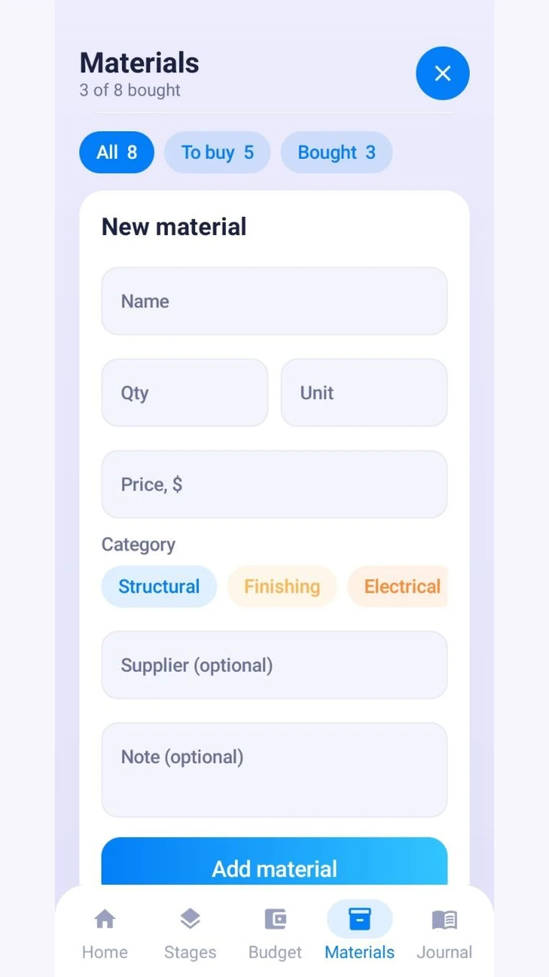 New material form with name, quantity, unit, price and category fields