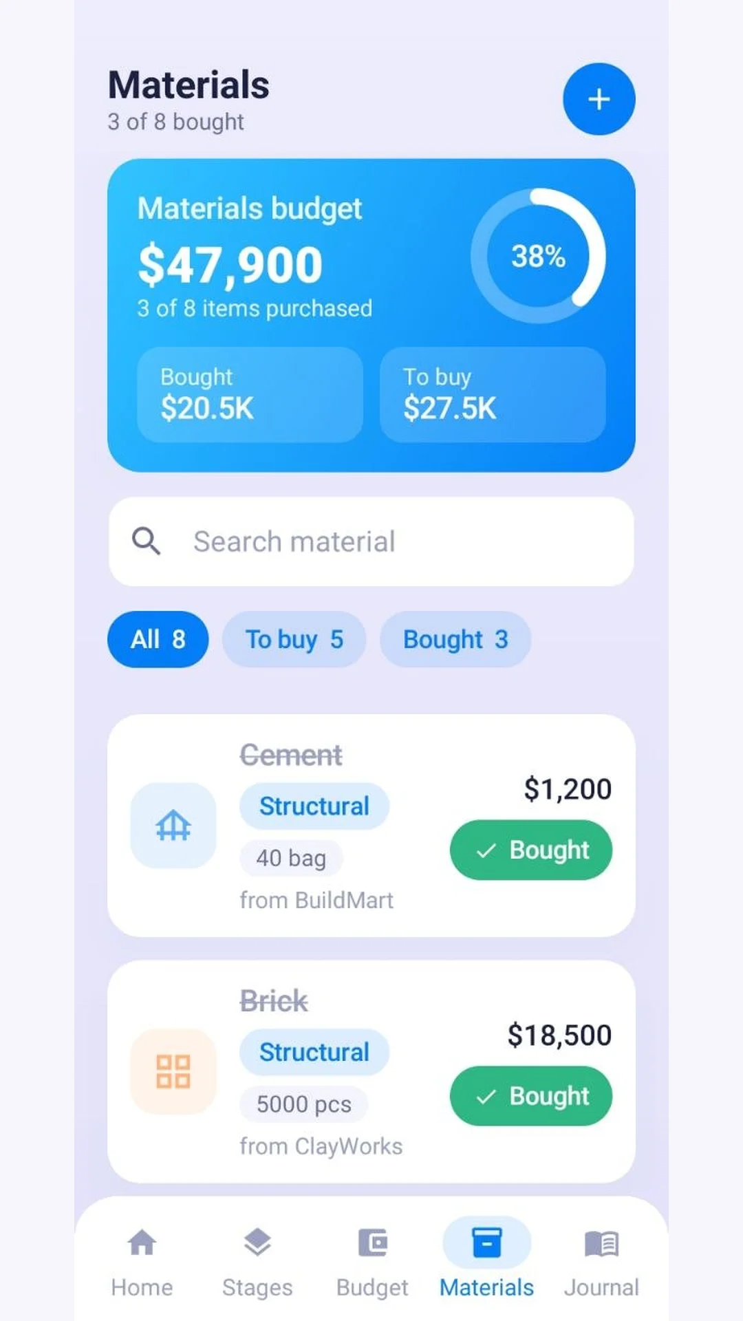 Materials screen listing cement and brick with prices, suppliers and bought status