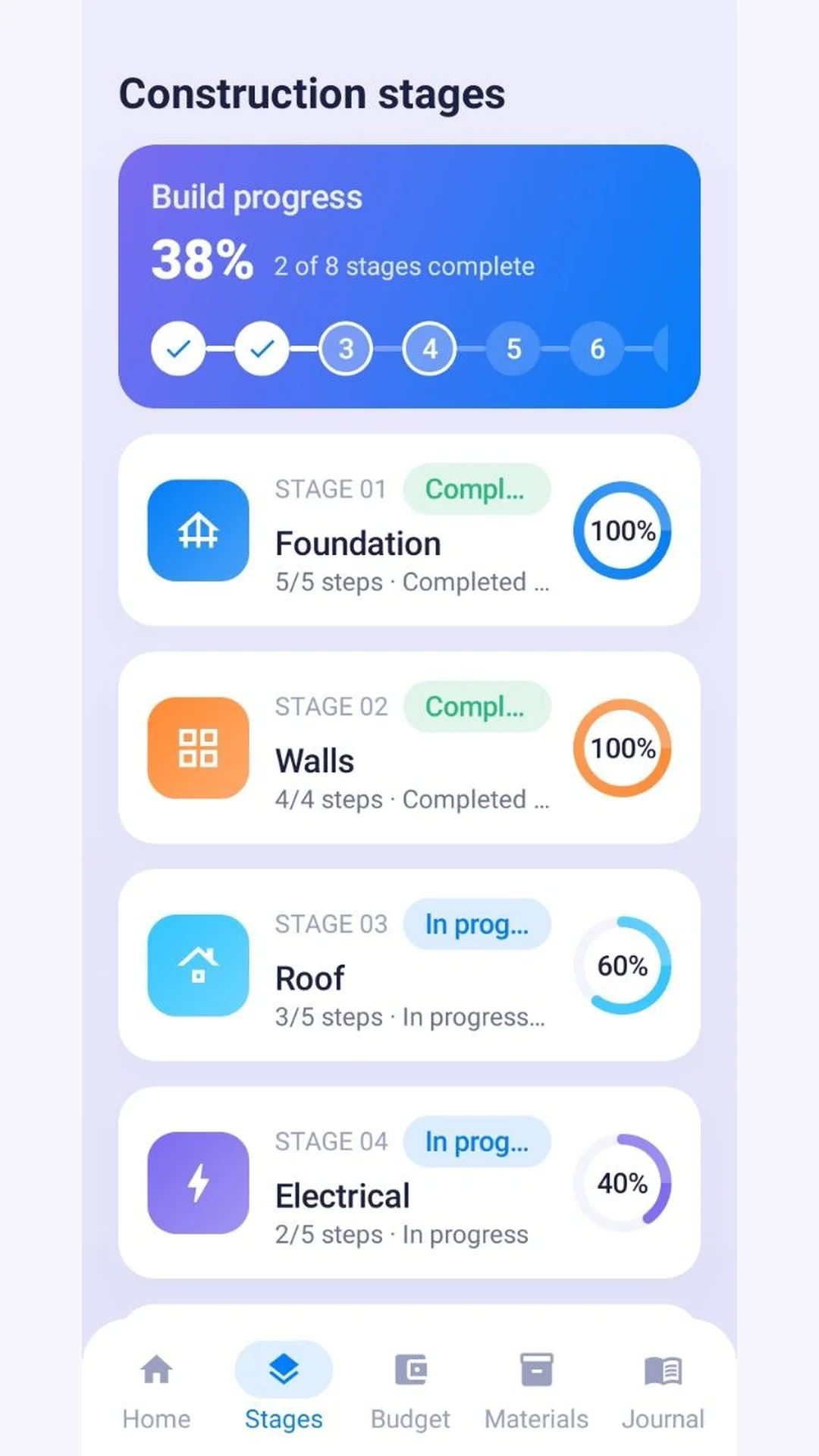 Construction stages screen with build progress timeline and per-stage completion rings